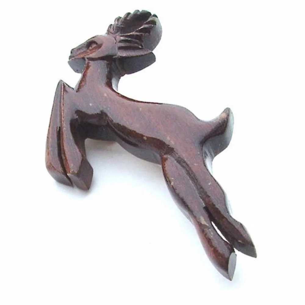Antique Pin Rustic Hand Carved Wood Deer Brooch